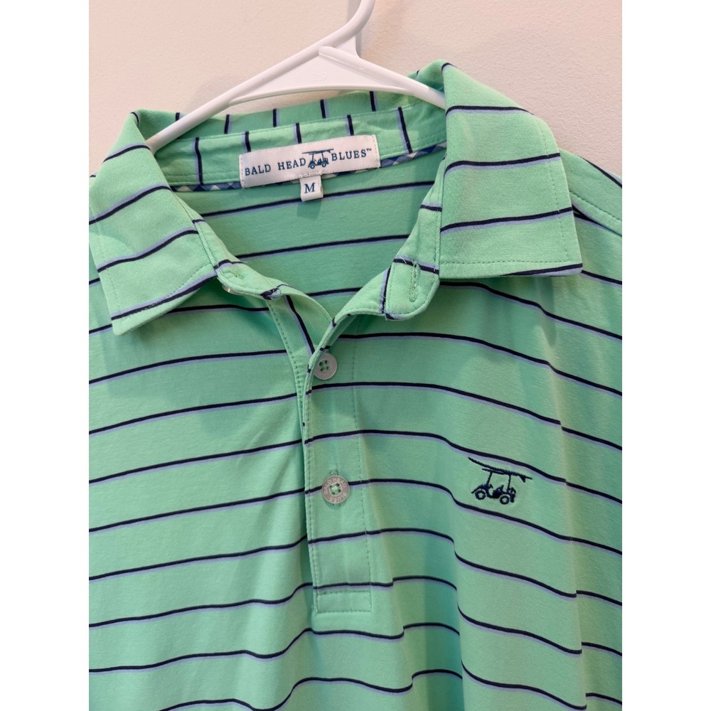Bald Head Blues Mens Performance Polo Shirt Green Striped Golf Cart Logo Size M